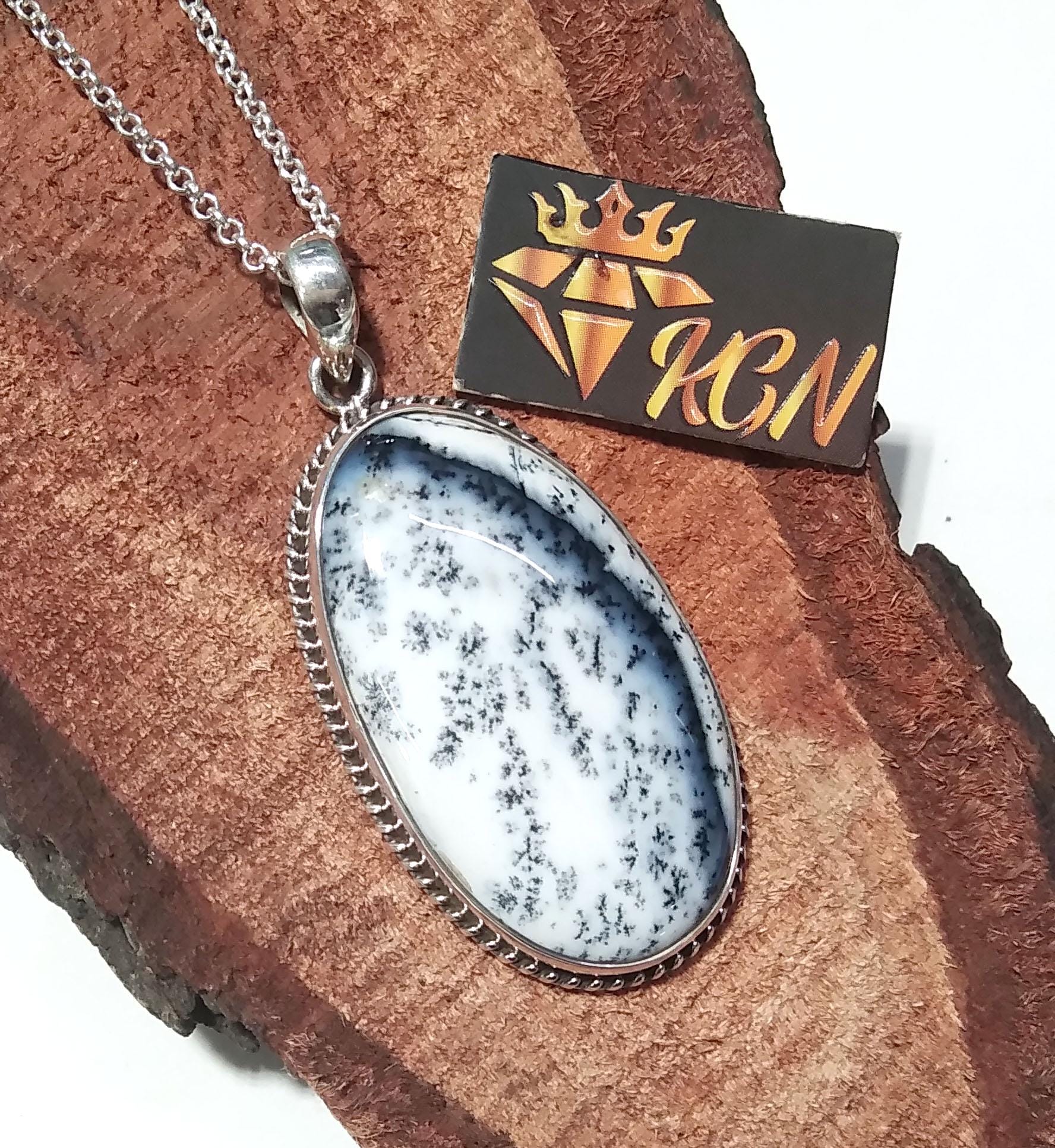 Amazing Design Dendrite Opal Gemstone Pendant Chain Necklace, Natural Dendrite Stone With 925 Sterling Silver Pendant, Gift Wedding Jewelry